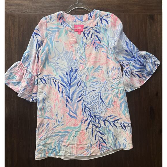 Lilly Pulitzer Elenora Silk Dress Kaleidoscope Coral Bell Sleeve S - Picture 2 of 10